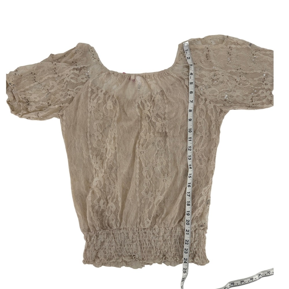 Heart Soul Y2K Lace Sequin Tan Smocked Waist Short Sleeve Romantic Fairy Top XL - Picture 4 of 7
